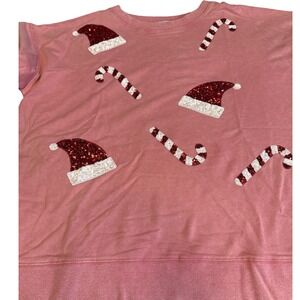 White Birch Pink Sequin Santa Hat Candy Cane Christmas Sweatshirt Women's Large